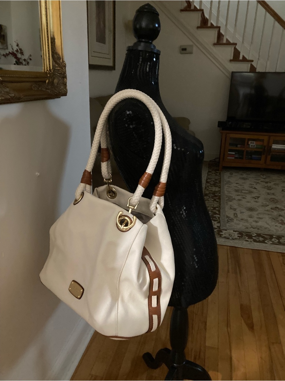 Michael Kors Cream Tote with Brown Trim and Rope Handles
